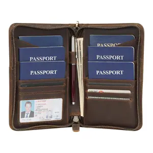 حامل جواز سفر من الجلد الطبيعي علبة بطاقة حجب مع متابعة النقد والتذاكر RFID