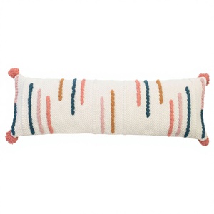 Bohemian Embroidered <b>Rectangular</b> Throw Pillow with Pom Poms Multicolor Striped Design Textile Decorative <b>Cushion</b> <b>Cover</b> - Product Image 1