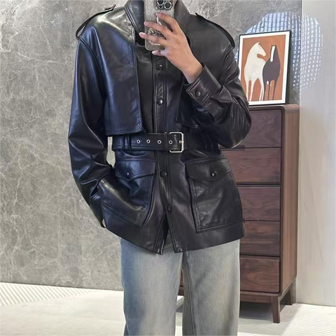 5179 Casual Work Style Genuine LeatherJacket Semi-vegetable Tanned Sheepskin Medium-length Trench Coat with Delicate Belt