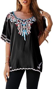 Blusa estilo bohemio con manga corta para verano, <span class=keywords><strong>camisa</strong></span> estilo bohemio con bordado para <span class=keywords><strong>mujer</strong></span> - Product Image 4