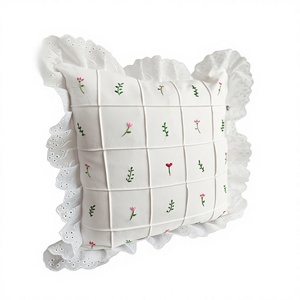 <b>White</b> Hand Embroidered Cotton Cushion Cover Ruffle Lace Trim Floral Decorative <b>Throw</b> Pillow Custom Logo Style De Maison - Product Image 1