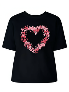 T-Shirt da Donna con Stampa Geometrica a Cuore, Manica Corta, Collo Tondo, Top Casual in Morbido Tessuto Nero, Lavabile in Lavatrice, Primavera Estate Autunno - Product Image 1