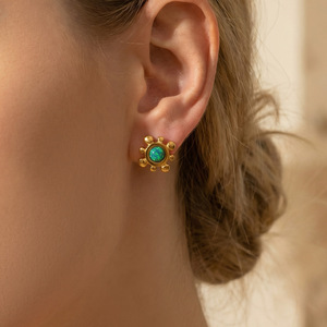 Vintage Beaded Border Synthetic Green <b>Opal</b> Sunflower Stud <b>Earrings</b> - Product Image 1