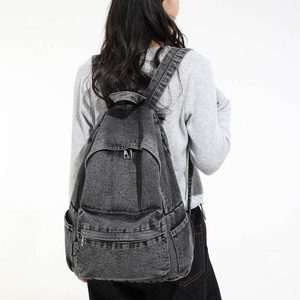 Retro Washed Denim <b>Backpack</b> <b>Large</b> Capacity Vintage Style For Women School College Casual Daypack - Product Image 1