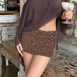 Mini-jupe crayon taille haute en tissu maille à sequins pour femme, sexy, couleur unie brillante, extensible, tenue de soirée - Product Image 3