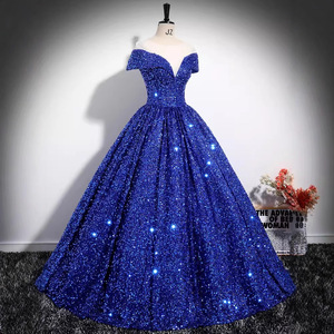 Off Shoulder <b>Sequined</b> Evening Gown Blue Ball Gown Taffeta Fabric Women's Formal Dress - Product Image 3