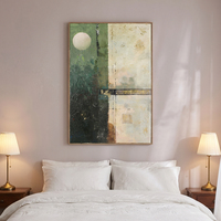 Tableau mural minimaliste village côtier bleu canard impasto fait main déco maison hôtel villa