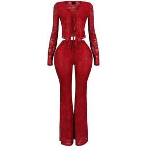 Ensemble deux pièces sexy en dentelle pour femme 2026, col en V, manches longues, pantalon évasé, tenue de club moulante, design translucide à découpes - Product Image 4