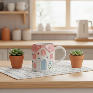 Affascinante Tazza in Ceramica a Forma di Casa con Tetto Rosa, Porta Blu e Decorazioni Floreali, Regalo Tematico per la Casa - Product Image 4