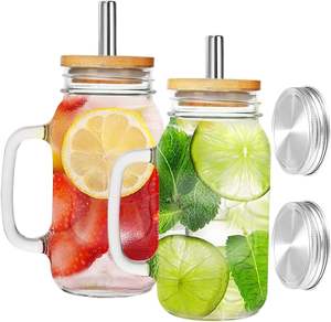 Vaso de Vidrio para Café Helado, Smoothies y Jugos de 16oz y 20oz con Pajitas y Tapas Metálicas, Tarro Mason con Asa - Product Image 1