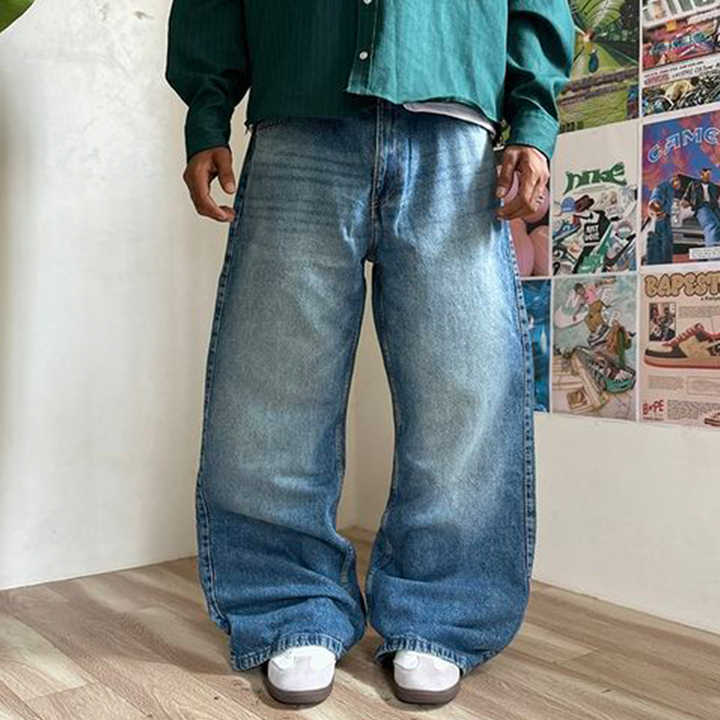 Men's Baggy Jeans Loose Fit Stretch Denim Pants Vintage Washed Regular Trousers