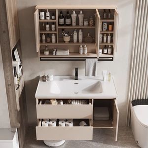 Meuble de salle de bain intelligent intégré moderne en bois massif et céramique, avec lavabo intégré - Product Image 6