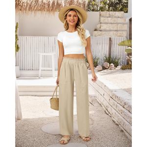 Pantalones Anchos de Lino y Algodón para Mujer FOXA, Cintura Alta, Estilo Palazzo, con Bolsillos, Transpirables, para Vacaciones en la Playa - Product Image 3