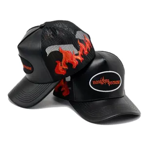 Beliebte Kleinserien anpassung der Unisex Pu Leder Mesh Cap Trucker Hut kappe mit Flammen muster