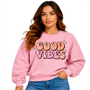 Sudadera con cuello redondo y estampado Good Vibes para mujer, de algodón rosa, estilo oversize, para otoño - Product Image 1