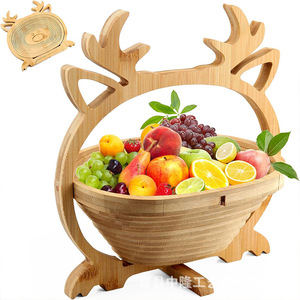 Wooden Reindeer Fruit <b>Basket</b> Round <b>Foldable</b> Natural Wood Color Kitchen Food Storage Bowl Standing Type - Product Image 5
