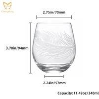 Verre à vin sans pied en cristal gravé à la main de 340 ml, motif personnalisé en émail, motif paon