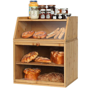 Large Double Separable Bamboo Bread Box storage with Clear Window and Adjustable Compartment for Kitchen Countertop