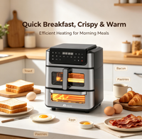 Anbolife Freidora de Aire 2 en 1 con Horno, Freidora de Aire de 6L, Horno de 7.2L, 2800W, Doble Compartimento, 9 Ajustes Preestablecidos, Pantalla Táctil, Sin Aceite, OEM ODM