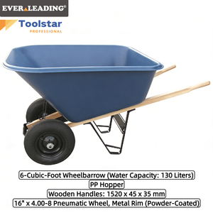 Robuste, 6 pieds cubes <span class=keywords><strong>Brouette</strong></span> à deux <span class=keywords><strong>roues</strong></span> (130L) avec plateau en PP, roue pneumatique 16x4.00-8, jante métallique et poignée en <span class=keywords><strong>bois</strong></span> <span class=keywords><strong>pour</strong></span> jardin et construction - Product Image 1