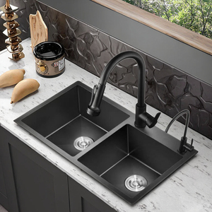 Nano <span class=keywords><strong>fregadero</strong></span> de acero inoxidable hecho a mano, cuenco doble negro con <span class=keywords><strong>fregadero</strong></span> de cocina de forma cuadrada resistente a la decoloración SUS304 duradero - Product Image 1