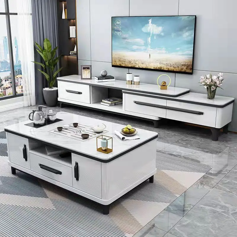 Mueble de TV Rock, soporte de TV retráctil moderno y juego de mesa de centro, mesa de té multifuncional moderna de lujo ligera integrada