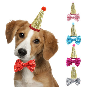 Gorro y Collar de Cumpleaños para Mascotas con Lazo de Lentejuelas de Color Sólido, Material de Tela, Talla Pequeña para Perros, Accesorios para Mascotas - Product Image 1
