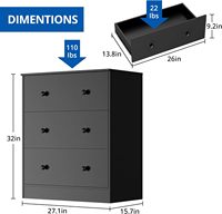 Commodes minimalistes à 3 tiroirs Rangement noir pour chambre à coucher avec tiroirs à bande passante et casiers combinés pour le salon ou l'entrepôt