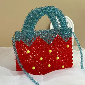 Beads bag making factory trendy summer sweet strawberry beaded girls tote bag