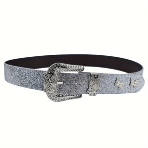 Women's Rhinestone <b>Belt</b> Western Style Casual <b>Sparkly</b> Crystal Encrusted PU Leather D-ring Alloy Buckle Asymmetry Design for Jeans - Product Image 5