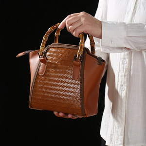 Traditional Chinese Style Handmade Bamboo Woven Leather Crossbody Bag Waterproof Women's Tote Artistic Retro Handbag - Product Image 4