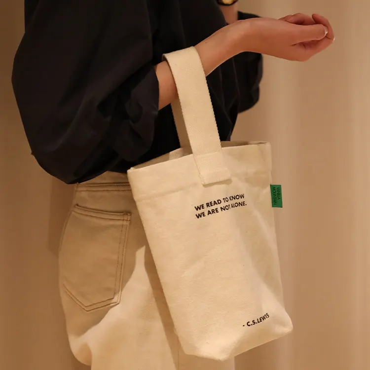 Großhandel individuelles Logo Baumwoll-Lenkwand Wein-Tote-Tasche einfacher Stil Buchstabendruck Baumwoll-Mini-Einkaufstaschen