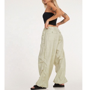 Pantalon cargo vert olive à taille basse avec cordon de serrage pour femme, pantalon de survêtement ample, pantalon coupe-vent en nylon, pantalon <span class=keywords><strong>parachute</strong></span> - Product Image 4
