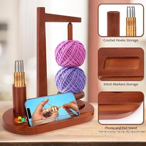 Wooden Yarn Rack With Magnetic Rotating Dispenser Phone Holder <b>Crochet</b> <b>Hook</b> Organizer Desktop Oval Shape 3 Floors Tree Material - Product Image 2
