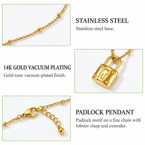 Collier avec pendentif cadenas en acier inoxydable, couleurs or et argent, plaqué or 14 carats, 46+5,5 cm - Product Image 2