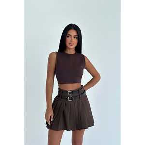 กระโปรงมินิสั้นทรงโกธิคสีน้ำตาล Sinatra พร้อมเข็มขัดคู่ แต่งระบายจีบประดับเลื่อม ดีไซน์พันรอบตัว ลายปะติดปะต่อ ทรงเข้ารูป - Product Image 3