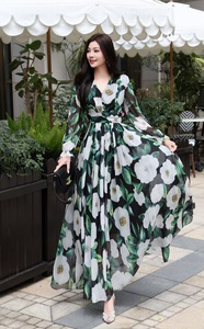 AELESEEN 2025 Robe élégante d'été en mousseline de soie de haute qualité pour femmes Vert à manches longues Feuilles blanches Fleur imprimée sicilienne Fête de plage - Product Image 4