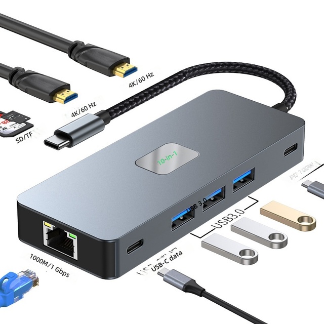 10 in 1 USB C Docking Station 4K60Hz Multiport Lap Hub RJ45 Ethernet SD Card Reader Desktop Adapter