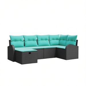 Black And Turquoise Poly Rattan Garden <b>Sofa</b> <b>Set</b> With Cushions Outdoor Furniture Contemporary Design - Product Image 1