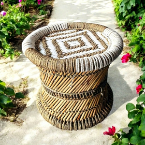 <b>Antique</b> Natural Bamboo Mudda Ottoman Elegant Small Foot Rest <b>Stool</b> Bone Inlay Console Traditional Design Eco-Friendly Bedroom - Product Image 1