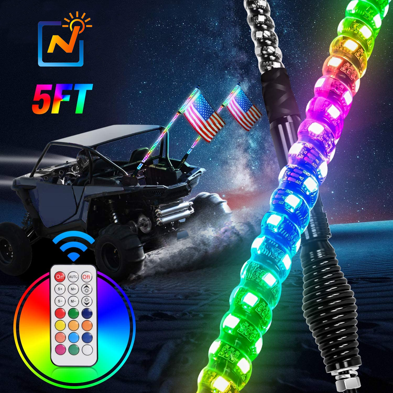 RGB 360 Degree 5FT Spiral Rock Swtich Control Antenna LED Whip Light for ATV UTV RZR Polaris Off- Road Vehicle