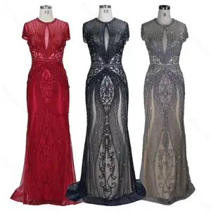 Navy/Red Heavy Beaded Rhinestone Crystal See Through 2020 Sexy Women's Plus Size Long Sleeve Evening Dresses Party Gowns