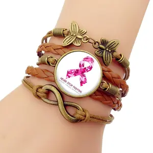 Borstkanker Roze Lint Vintage Lederen Armband Zorg Voor Vrouwen Preventie Publiciteit Openbaar Welzijn Logo Vlinder Armband