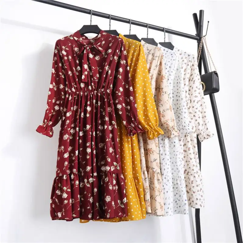 Baju Kantor Gaya Korea Hitam Musim Gugur Wanita, Gaun Dot, Baju Vintage, Baju Lengan Panjang, Motif Bunga, Musim Semi, 2021