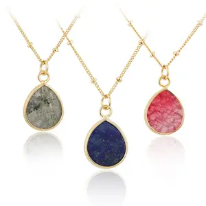 Simple Fashion Waterdrop Shape Natural Stone Pendant Necklace Gold Plated Cracked Rainbow Crystal Necklaces for Women