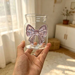 可愛いピンクの3Dリボン結び付き高硼珪酸ガラス製マグカップ、ハンドル付き透明ガラス製ウォーターカップ、ミルク、コーヒー、タンブラー、家庭用ドリンクウェア - Product Image 4