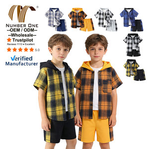 Ensemble de vêtements d'été pour garçon, <span class=keywords><strong>chemise</strong></span> à manches courtes à <span class=keywords><strong>carreaux</strong></span> à capuche + short, 2 pièces, vêtements pour enfants - Product Image 1