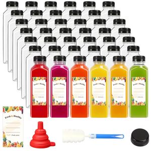 Botella de bebida cuadrada transparente Botellas de plástico desechables para beber para jugo de agua con tapas de etiqueta blanca personalizadas