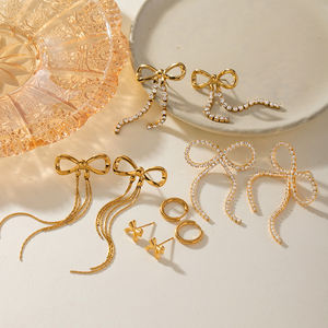 J & D Dainty takı paslanmaz çelik 18K altın inci taklidi zincirleri yay şekilli püskül uzun küpe seti - Product Image 4