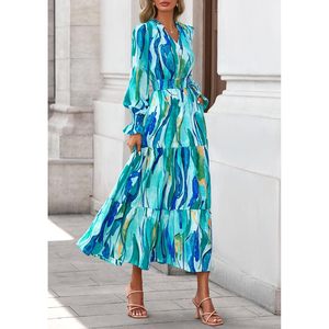 FOXA Women's Floral Maxi <b>Dress</b> Long Sleeve V Neck A Line Elastic Waist <b>Boho</b> Party <b>Dress</b> Spring <b>Summer</b> Casual Wear - Product Image 4